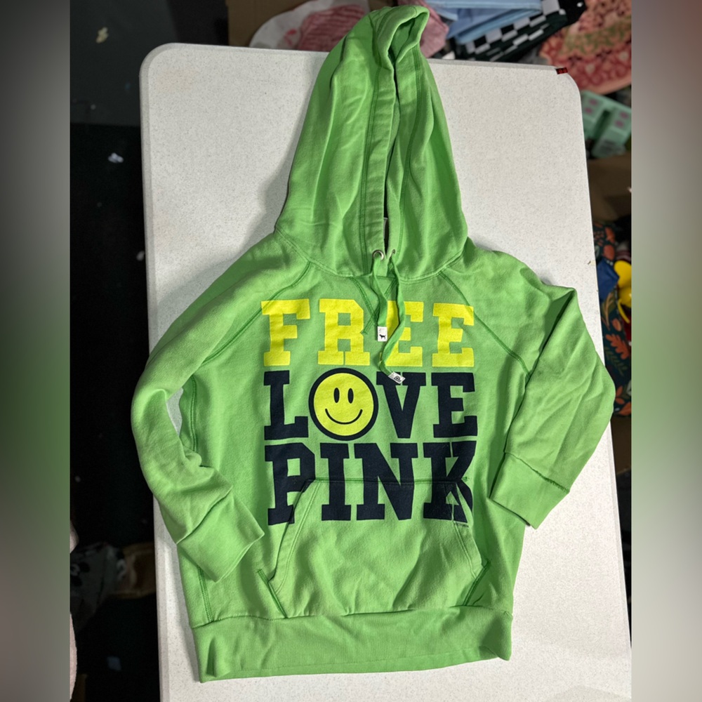 Green PINK Logo Cute Black VSPink Hoodie, medium, “Free Love Pink”